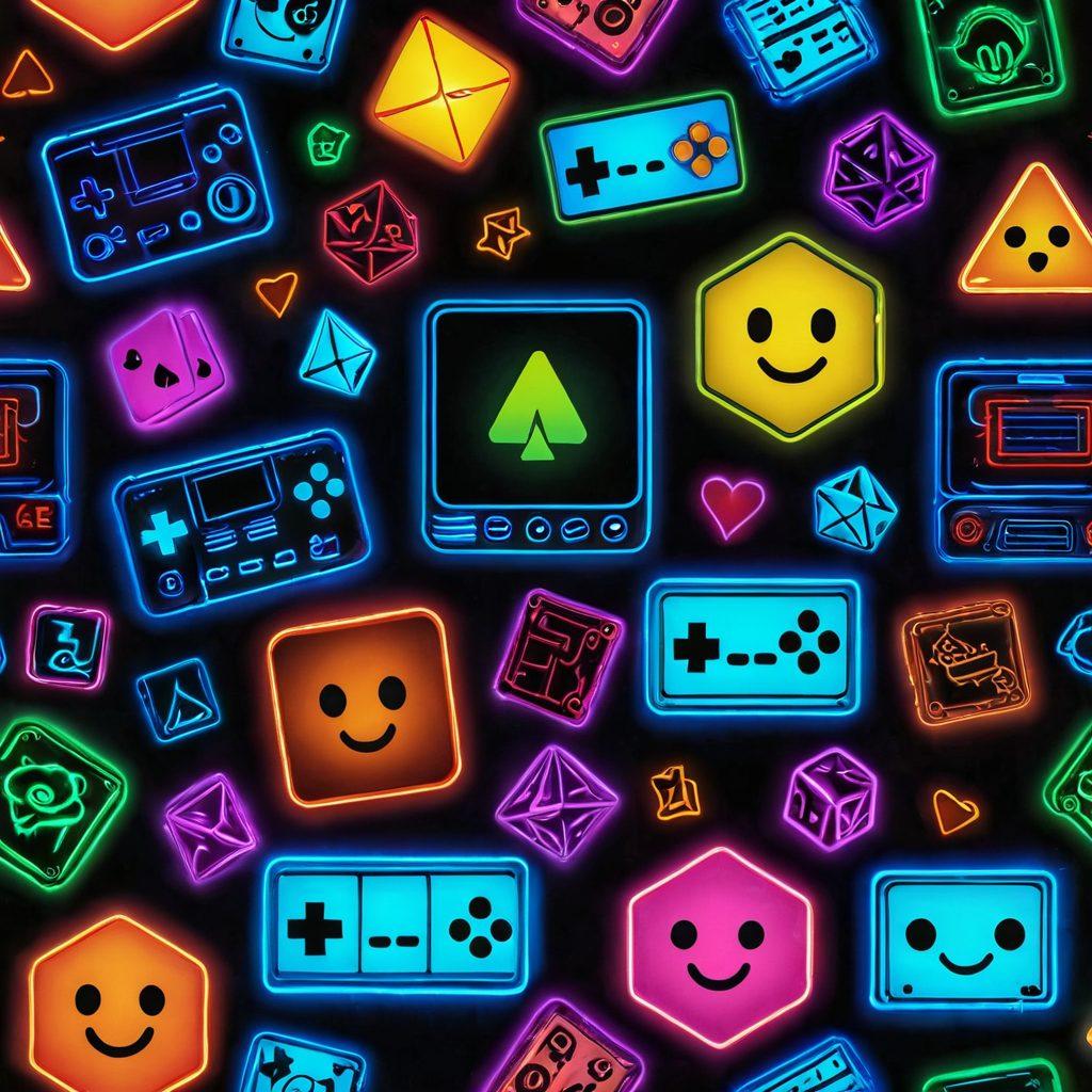 A vibrant collage of gaming scenes showcasing playful characters engaging in wickedly fun activities, surrounded by neon lights and glowing gaming consoles. Include whimsical icons like dice, cards, and cheeky emojis to emphasize naughty gaming experiences. The background should blend futuristic elements with a playful atmosphere. super-realistic. vibrant colors. 3D.