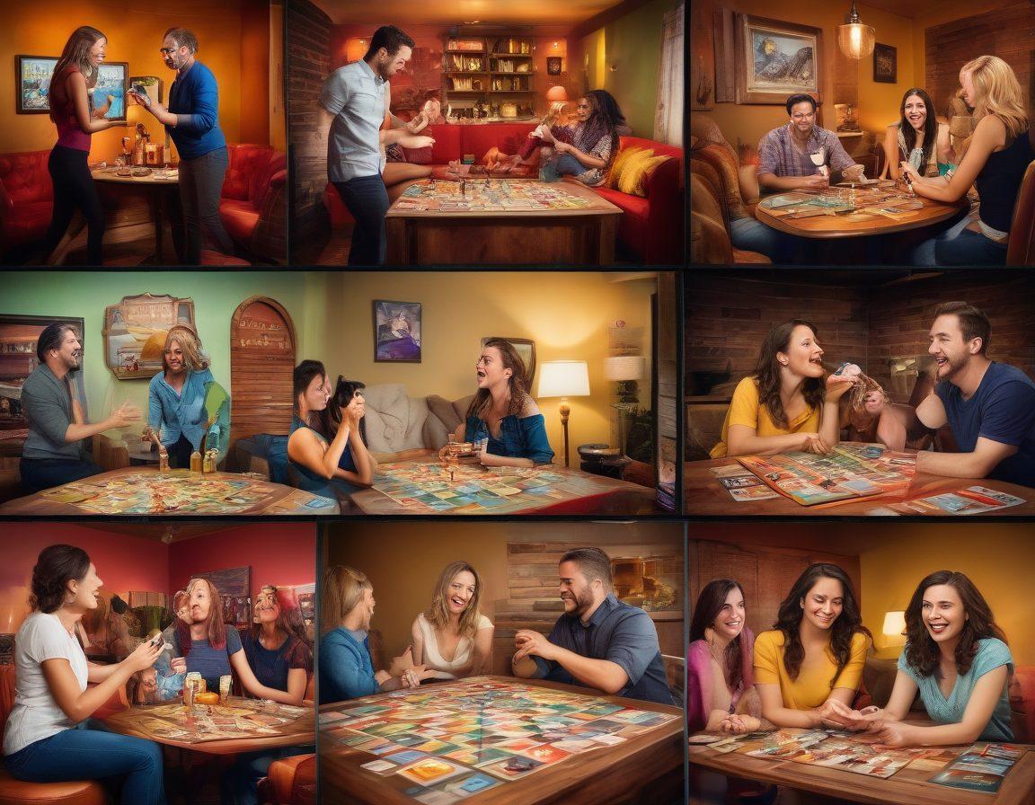 A vibrant collage featuring diverse adults engaged in various interactive adult games, showcasing laughter, excitement, and connection. Include elements like playful card games, vibrant board games, and digital tablets displaying sexy trivia. The background should be an inviting, cozy space with dim lighting and colorful decor. The scene exudes a fun and passionate atmosphere. vivid colors. playful style.