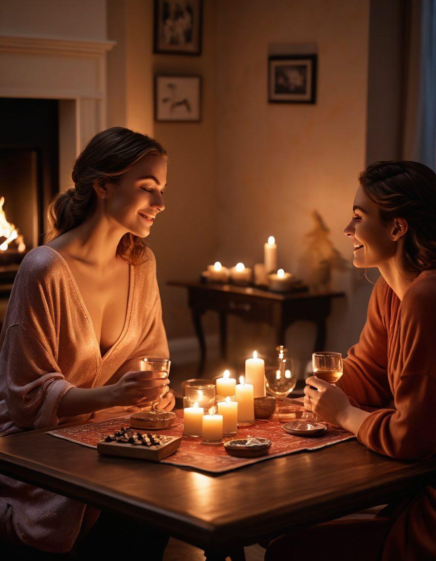 A cozy, intimate game night scene featuring a stylishly set table with soft, romantic lighting, candles, and elegant game pieces scattered about. Include a couple laughing and sharing a playful moment, dressed in chic loungewear, with a backdrop of plush pillows and a warm fireplace. The atmosphere should evoke warmth, excitement, and the essence of sensual connection. super-realistic. warm tones. intimate ambiance.